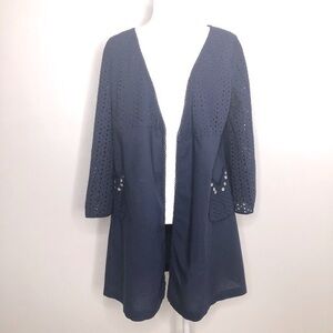 Anthropologie / Lilka wrap coat navy blue light weight eyelet jacket, size M/L
